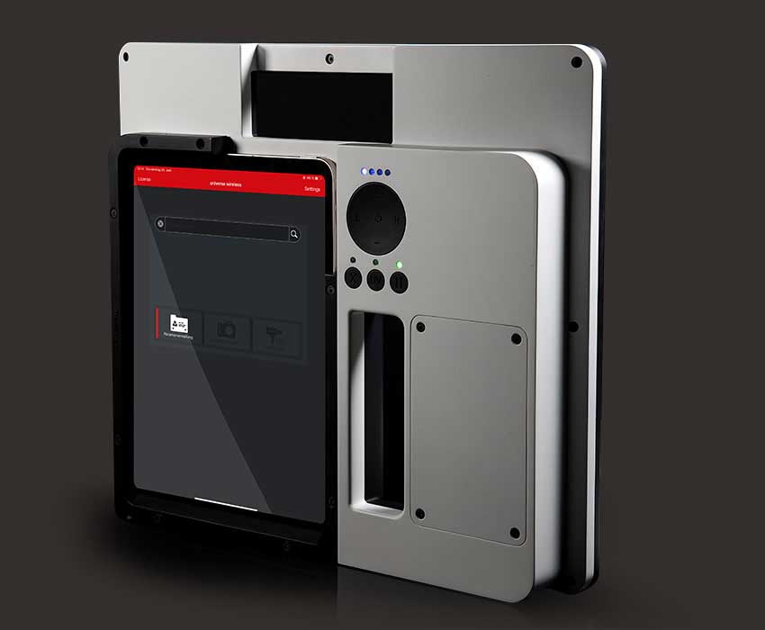 Trasera del dispositivo portátil para fotos de dermatología y estética y concretamente del iPad con la interface del software meesma